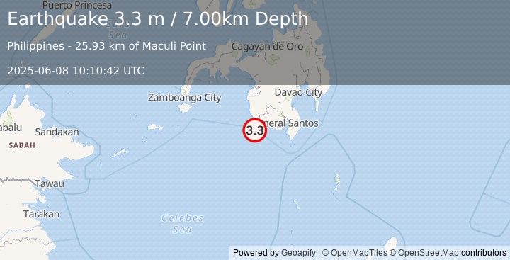 Earthquake MINDANAO, PHILIPPINES (3.3 m) (2025-06-08 10:10:42 UTC)