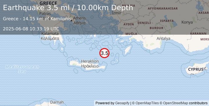 Earthquake CRETE, GREECE (3.5 ml) (2025-06-08 10:33:19 UTC)