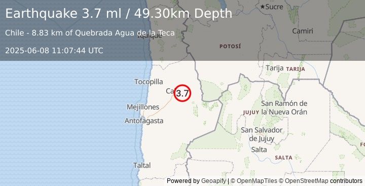 Earthquake ANTOFAGASTA, CHILE (3.7 ml) (2025-06-08 11:07:42 UTC)
