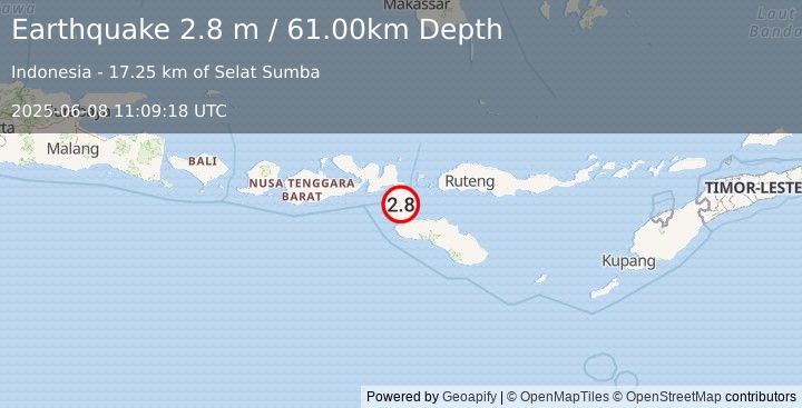 Earthquake SUMBA REGION, INDONESIA (2.8 m) (2025-06-08 11:09:18 UTC)