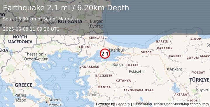 Earthquake WESTERN TURKEY (2.1 ml) (2025-06-08 11:09:26 UTC)