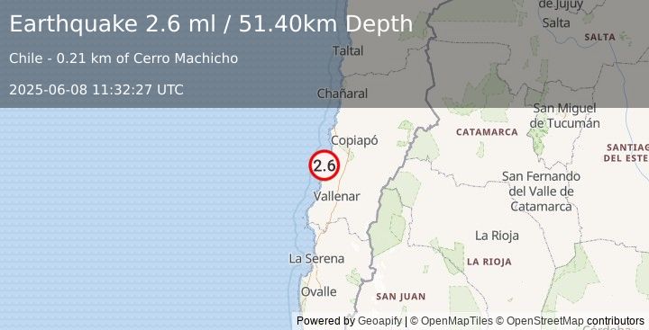 Earthquake ATACAMA, CHILE (2.6 ml) (2025-06-08 11:32:27 UTC)