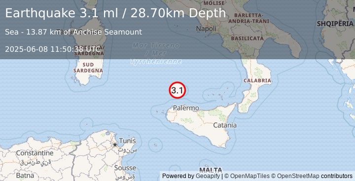 Earthquake SICILY, ITALY (3.1 ml) (2025-06-08 11:50:38 UTC)