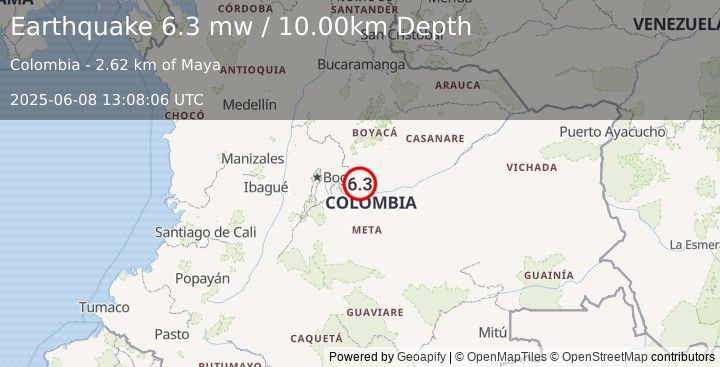 Earthquake COLOMBIA (6.3 mw) (2025-06-08 13:08:06 UTC)