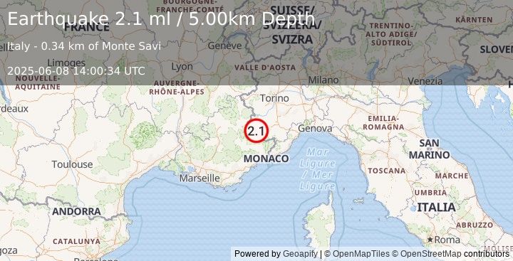 Earthquake NORTHERN ITALY (2.1 ml) (2025-06-08 14:00:34 UTC)