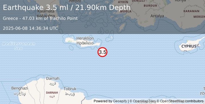 Earthquake CRETE, GREECE (3.4 ml) (2025-06-08 14:36:35 UTC)