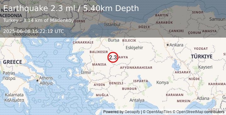 Earthquake WESTERN TURKEY (2.3 ml) (2025-06-08 15:22:11 UTC)