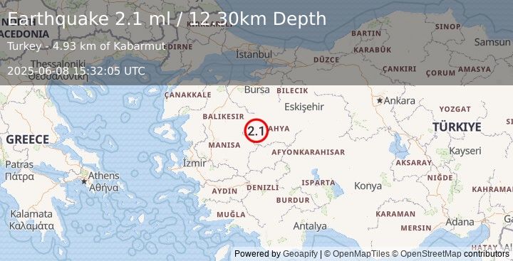 Earthquake WESTERN TURKEY (2.1 ml) (2025-06-08 15:32:05 UTC)