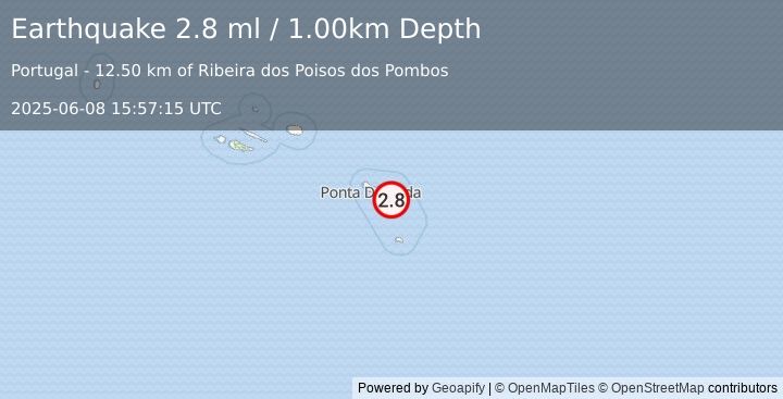 Earthquake AZORES ISLANDS, PORTUGAL (2.8 ml) (2025-06-08 15:57:15 UTC)