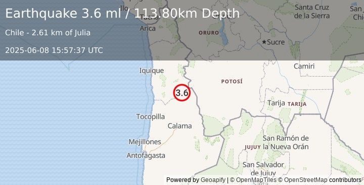 Earthquake TARAPACA, CHILE (3.6 ml) (2025-06-08 15:57:37 UTC)