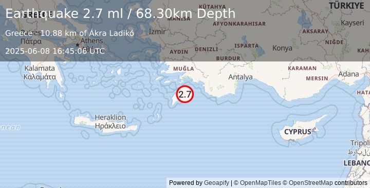 Earthquake DODECANESE IS.-TURKEY BORDER REG (2.7 ml) (2025-06-08 16:45:06 UTC)