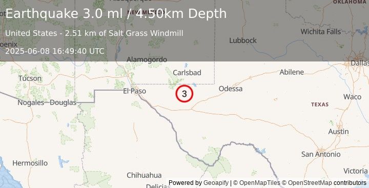 Earthquake WESTERN TEXAS (3.0 ml) (2025-06-08 16:49:40 UTC)
