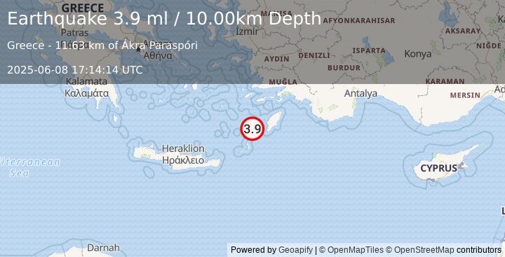 Earthquake DODECANESE ISLANDS, GREECE (3.9 ml) (2025-06-08 17:14:14 UTC)