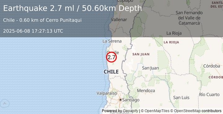 Earthquake COQUIMBO, CHILE (2.7 ml) (2025-06-08 17:27:13 UTC)