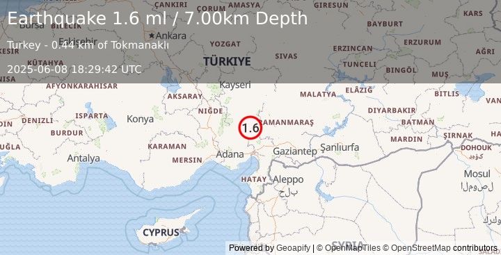 Earthquake CENTRAL TURKEY (1.6 ml) (2025-06-08 18:29:42 UTC)