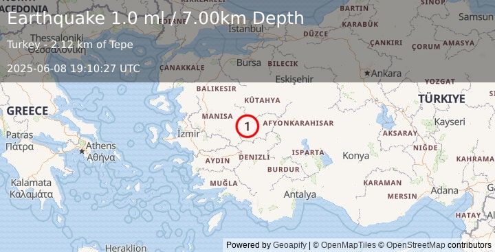 Earthquake WESTERN TURKEY (1.0 ml) (2025-06-08 19:10:27 UTC)
