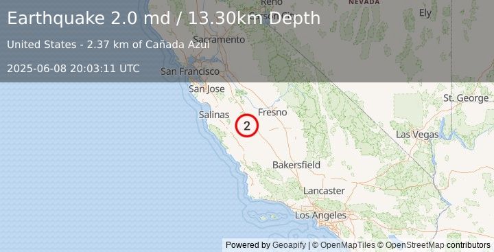 Earthquake CENTRAL CALIFORNIA (2.0 md) (2025-06-08 20:03:11 UTC)