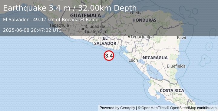 Earthquake OFFSHORE EL SALVADOR (3.4 m) (2025-06-08 20:47:02 UTC)