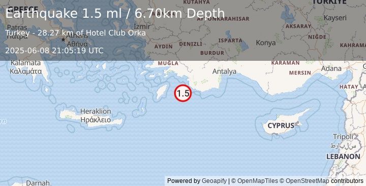Earthquake DODECANESE IS.-TURKEY BORDER REG (1.5 ml) (2025-06-08 21:05:19 UTC)