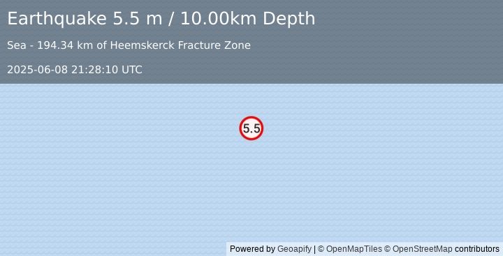 Earthquake WESTERN INDIAN-ANTARCTIC RIDGE (5.5 mw) (2025-06-08 21:28:09 UTC)