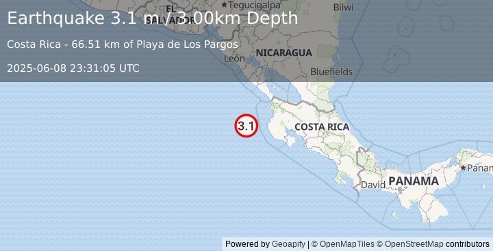 Earthquake OFF COAST OF COSTA RICA (3.1 m) (2025-06-08 23:31:05 UTC)