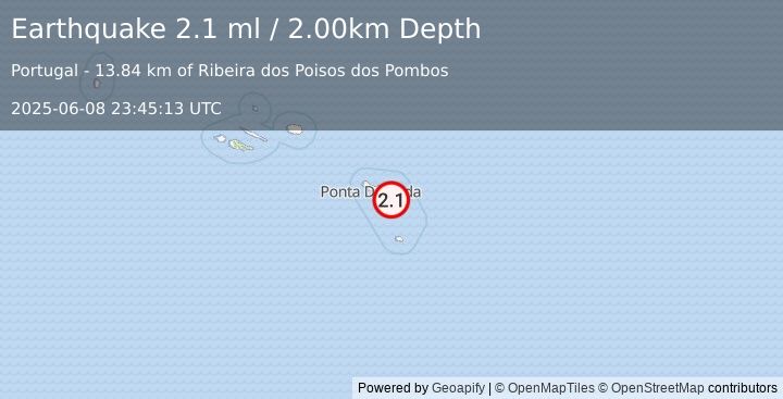 Earthquake AZORES ISLANDS, PORTUGAL (2.1 ml) (2025-06-08 23:45:13 UTC)