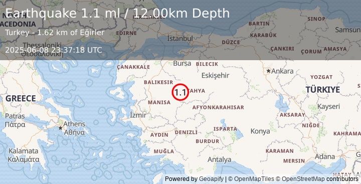 Earthquake WESTERN TURKEY (1.1 ml) (2025-06-08 23:37:18 UTC)