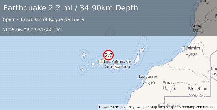 Earthquake CANARY ISLANDS, SPAIN REGION (2.2 ml) (2025-06-08 23:51:48 UTC)