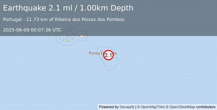 Earthquake AZORES ISLANDS, PORTUGAL (2.1 ml) (2025-06-09 00:07:36 UTC)