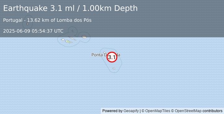 Earthquake AZORES ISLANDS, PORTUGAL (3.1 ml) (2025-06-09 05:54:37 UTC)