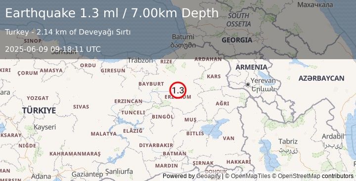 Earthquake EASTERN TURKEY (1.3 ml) (2025-06-09 09:18:11 UTC)