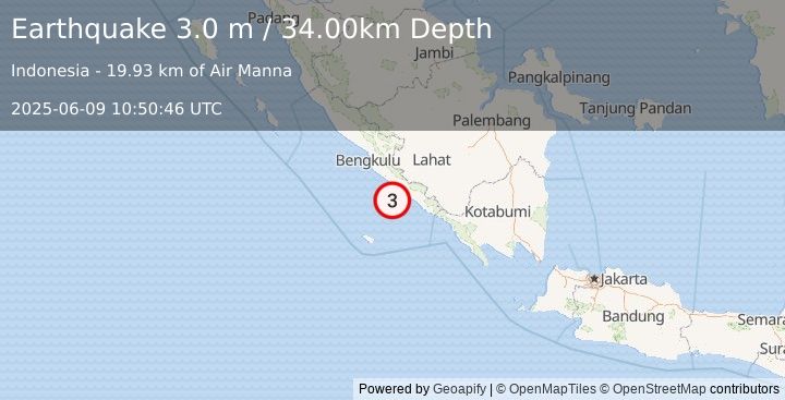 Earthquake SOUTHERN SUMATRA, INDONESIA (3.0 m) (2025-06-09 10:50:46 UTC)