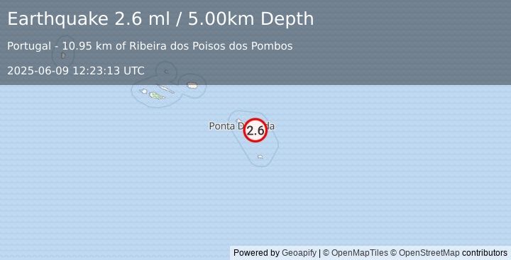 Earthquake AZORES ISLANDS, PORTUGAL (2.6 ml) (2025-06-09 12:23:13 UTC)