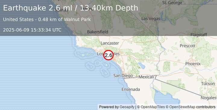 Earthquake GREATER LOS ANGELES AREA, CALIF. (2.6 ml) (2025-06-09 15:33:34 UTC)