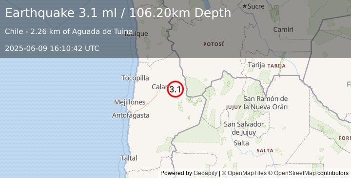 Earthquake ANTOFAGASTA, CHILE (3.1 ml) (2025-06-09 16:10:42 UTC)