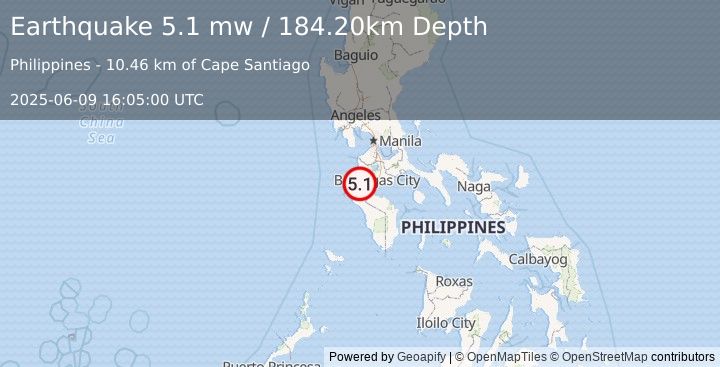 Earthquake MINDORO, PHILIPPINES (5.1 mw) (2025-06-09 16:05:00 UTC)