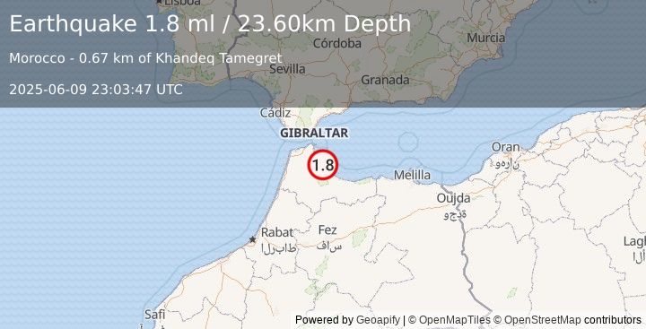 Earthquake STRAIT OF GIBRALTAR (1.8 ml) (2025-06-09 23:03:47 UTC)