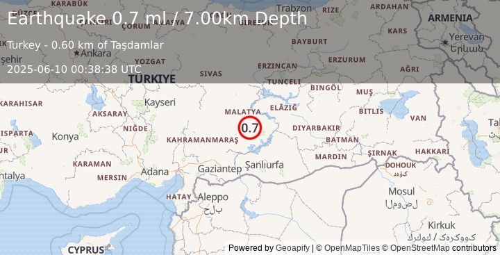 Earthquake EASTERN TURKEY (0.7 ml) (2025-06-10 00:38:38 UTC)