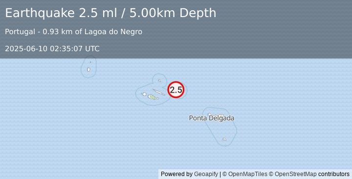Earthquake AZORES ISLANDS, PORTUGAL (2.5 ml) (2025-06-10 02:35:07 UTC)