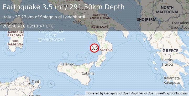 Earthquake SOUTHERN ITALY (3.5 ml) (2025-06-10 03:10:47 UTC)