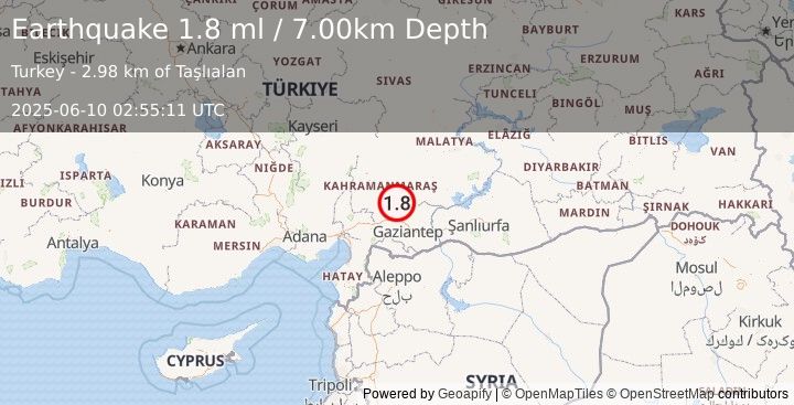 Earthquake CENTRAL TURKEY (1.8 ml) (2025-06-10 02:55:11 UTC)