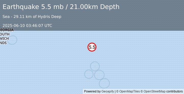 Earthquake SOUTH SANDWICH ISLANDS REGION (5.4 mb) (2025-06-10 03:46:09 UTC)