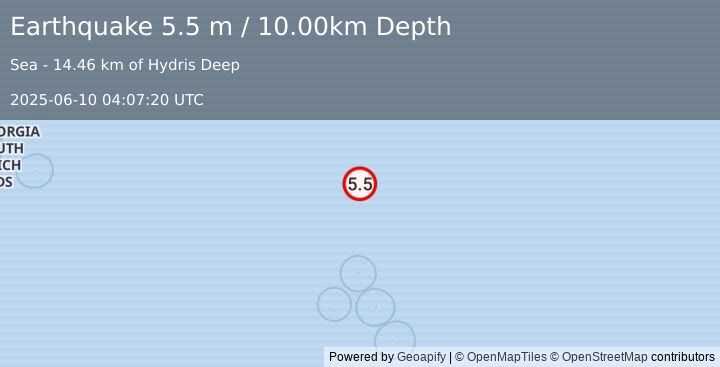 Earthquake SOUTH SANDWICH ISLANDS REGION (5.4 mb) (2025-06-10 04:07:23 UTC)