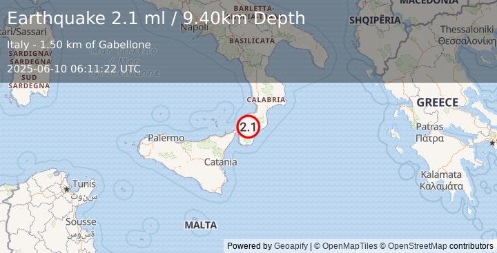 Earthquake SICILY, ITALY (2.1 ml) (2025-06-10 06:11:22 UTC)