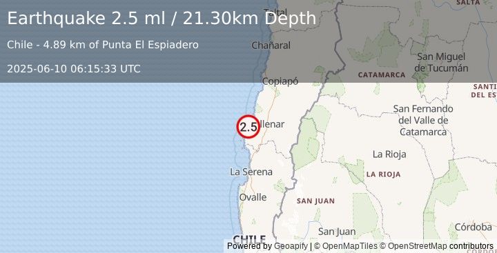 Earthquake OFFSHORE ATACAMA, CHILE (2.5 ml) (2025-06-10 06:15:33 UTC)