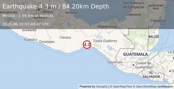 Earthquake OAXACA, MEXICO (4.3 m) (2025-06-10 07:40:47 UTC)