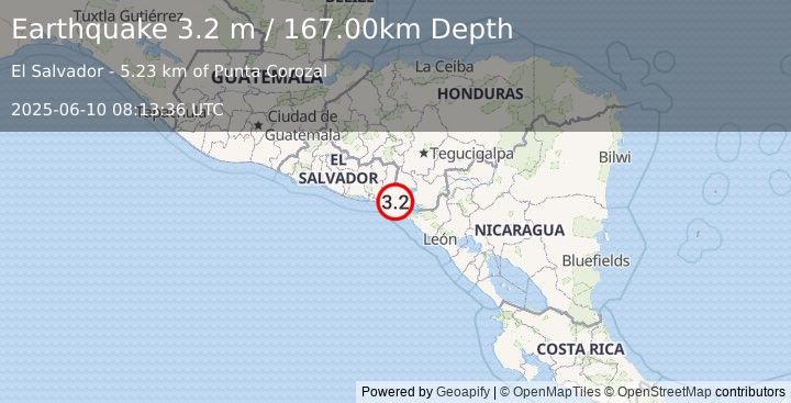 Earthquake GOLFO DE FONSECA, EL SALVADOR (3.2 m) (2025-06-10 08:13:36 UTC)