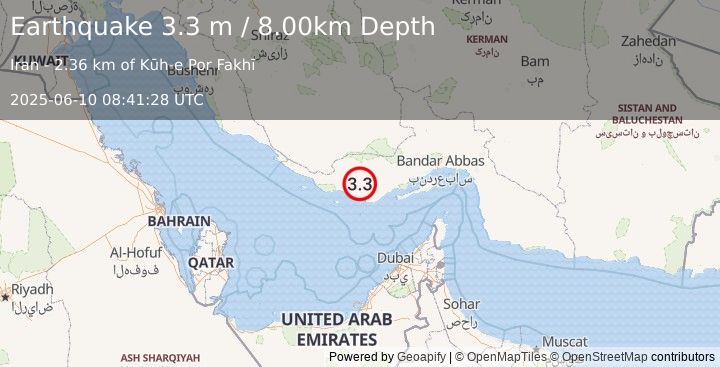 Earthquake SOUTHERN IRAN (3.3 m) (2025-06-10 08:41:28 UTC)