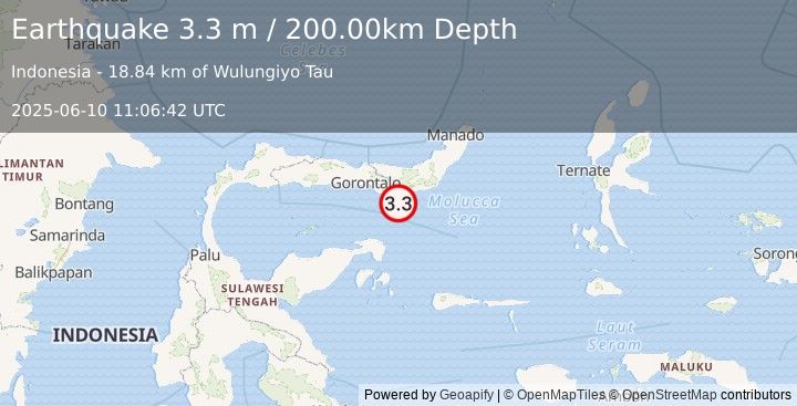 Earthquake MINAHASA, SULAWESI, INDONESIA (3.3 m) (2025-06-10 11:06:42 UTC)