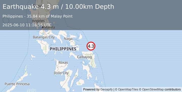 Earthquake SAMAR, PHILIPPINES (4.3 m) (2025-06-10 11:16:55 UTC)